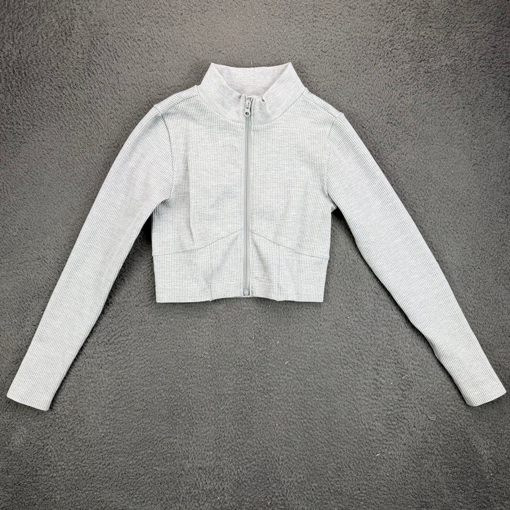Forever 21 Womens Medium Gray Ribbed Knit Mock Neck Full Zip Cropped Jacket